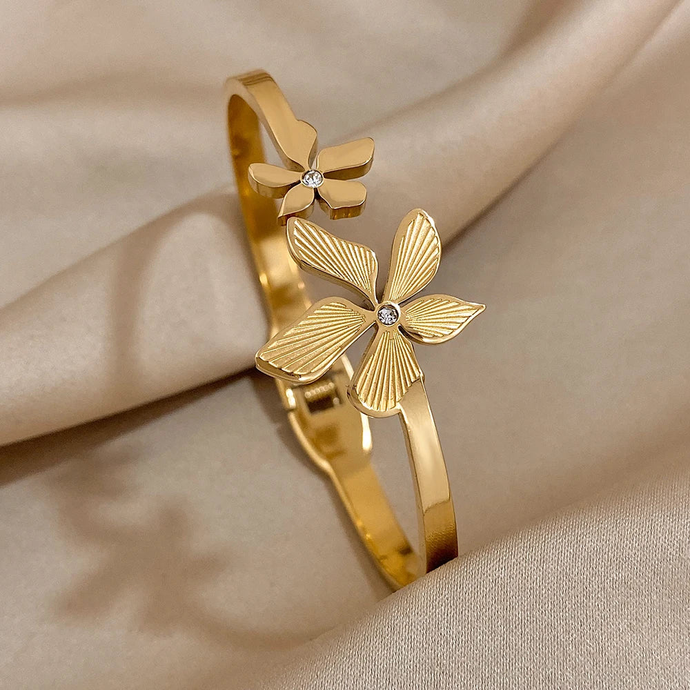 Stainless Steel Double Flower or Coastal Cuff Bracelet Bangle for Women