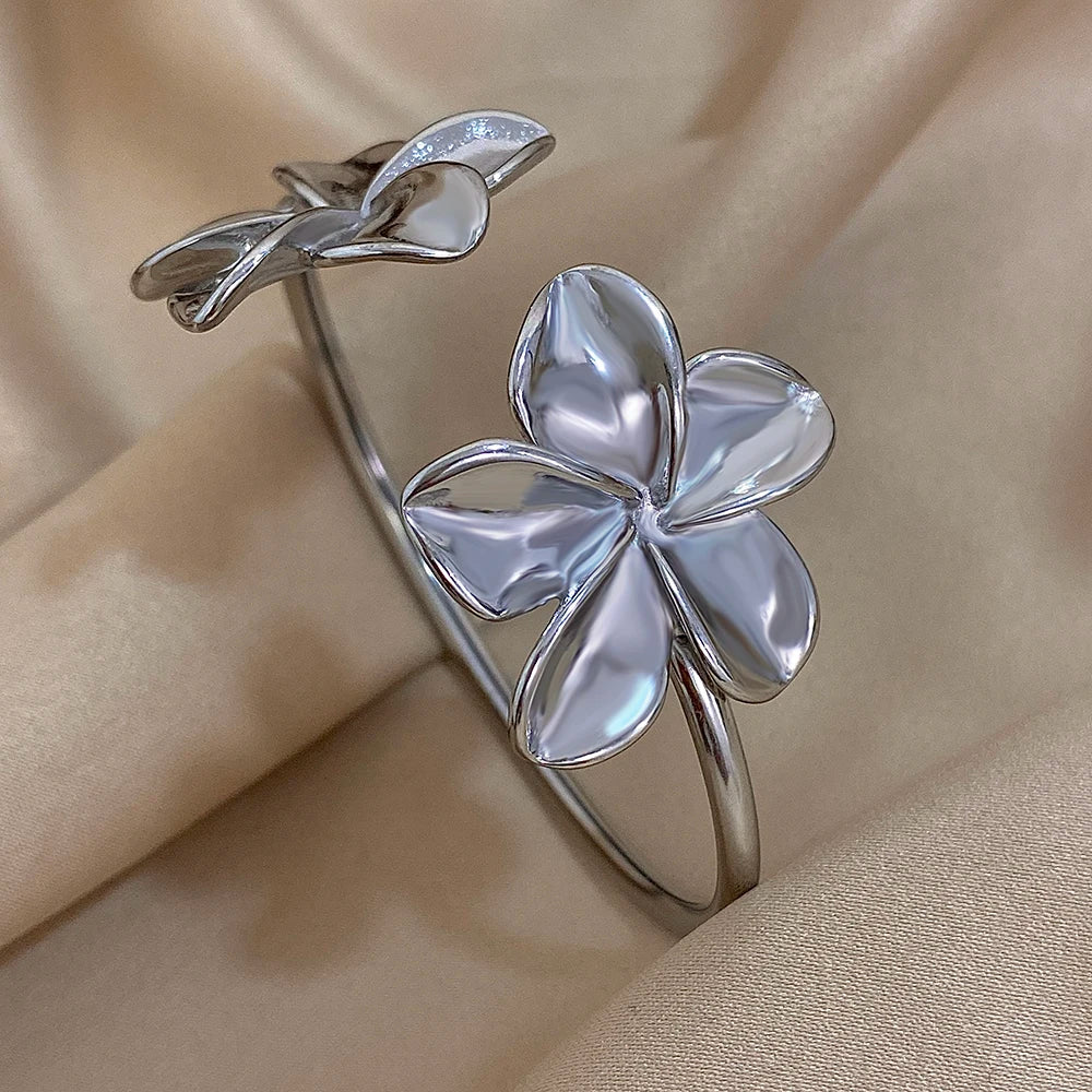 Stainless Steel Double Flower or Coastal Cuff Bracelet Bangle for Women