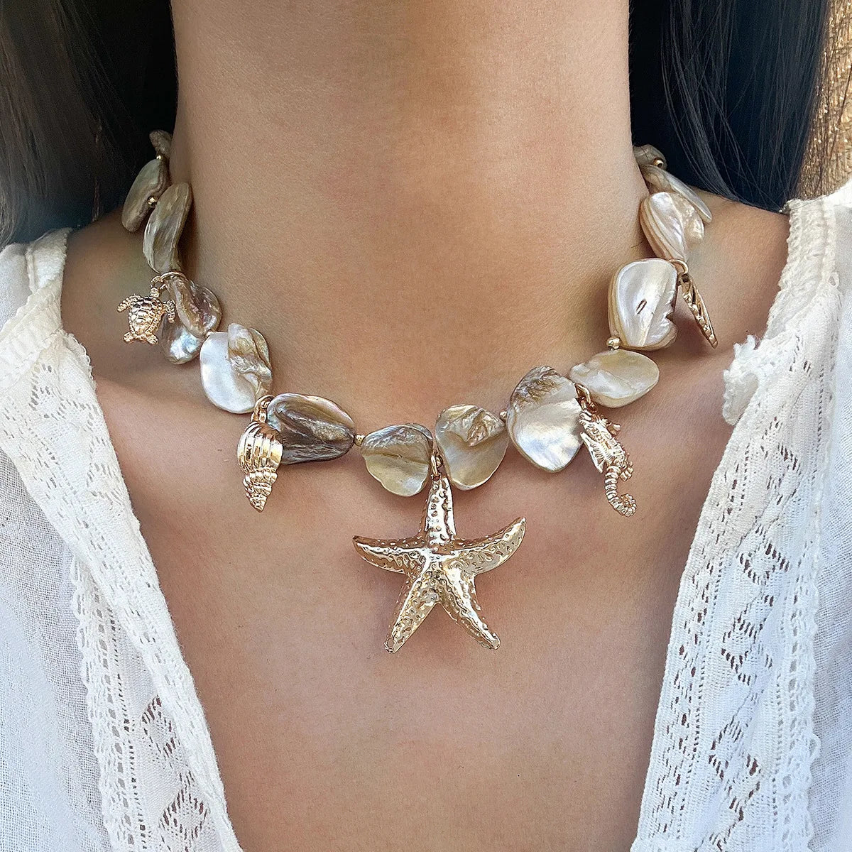 Boho Sea Turtle Sea Conch Sea Star Pendant Necklace