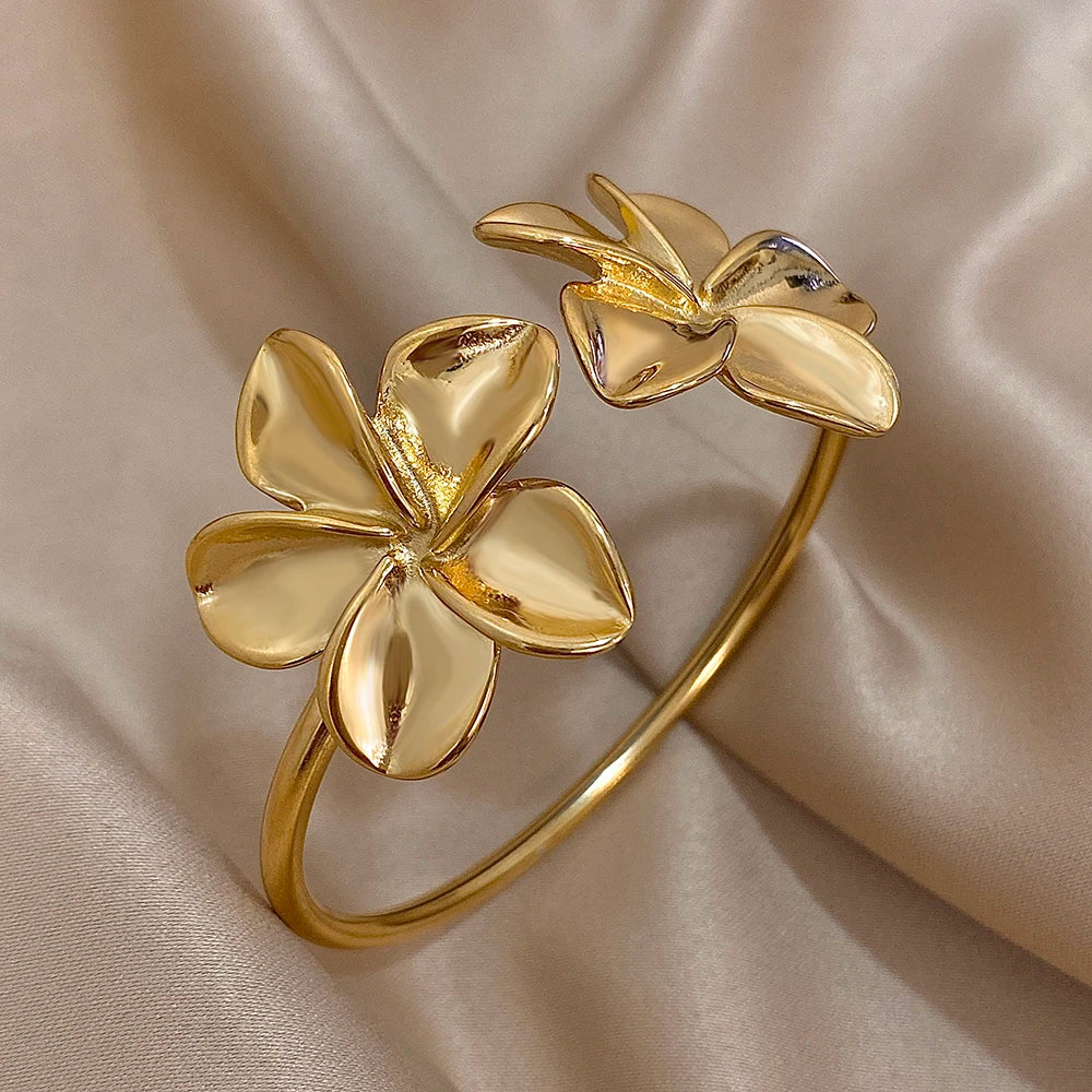 Stainless Steel Double Flower or Coastal Cuff Bracelet Bangle for Women