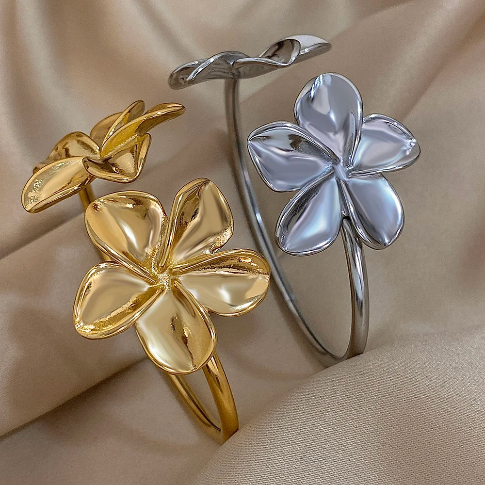 Stainless Steel Double Flower or Coastal Cuff Bracelet Bangle for Women