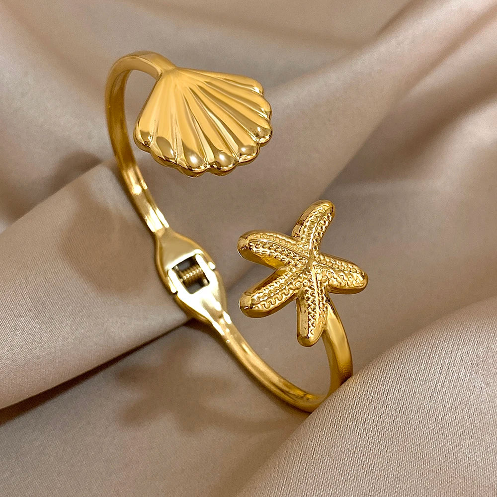 Stainless Steel Double Flower or Coastal Cuff Bracelet Bangle for Women