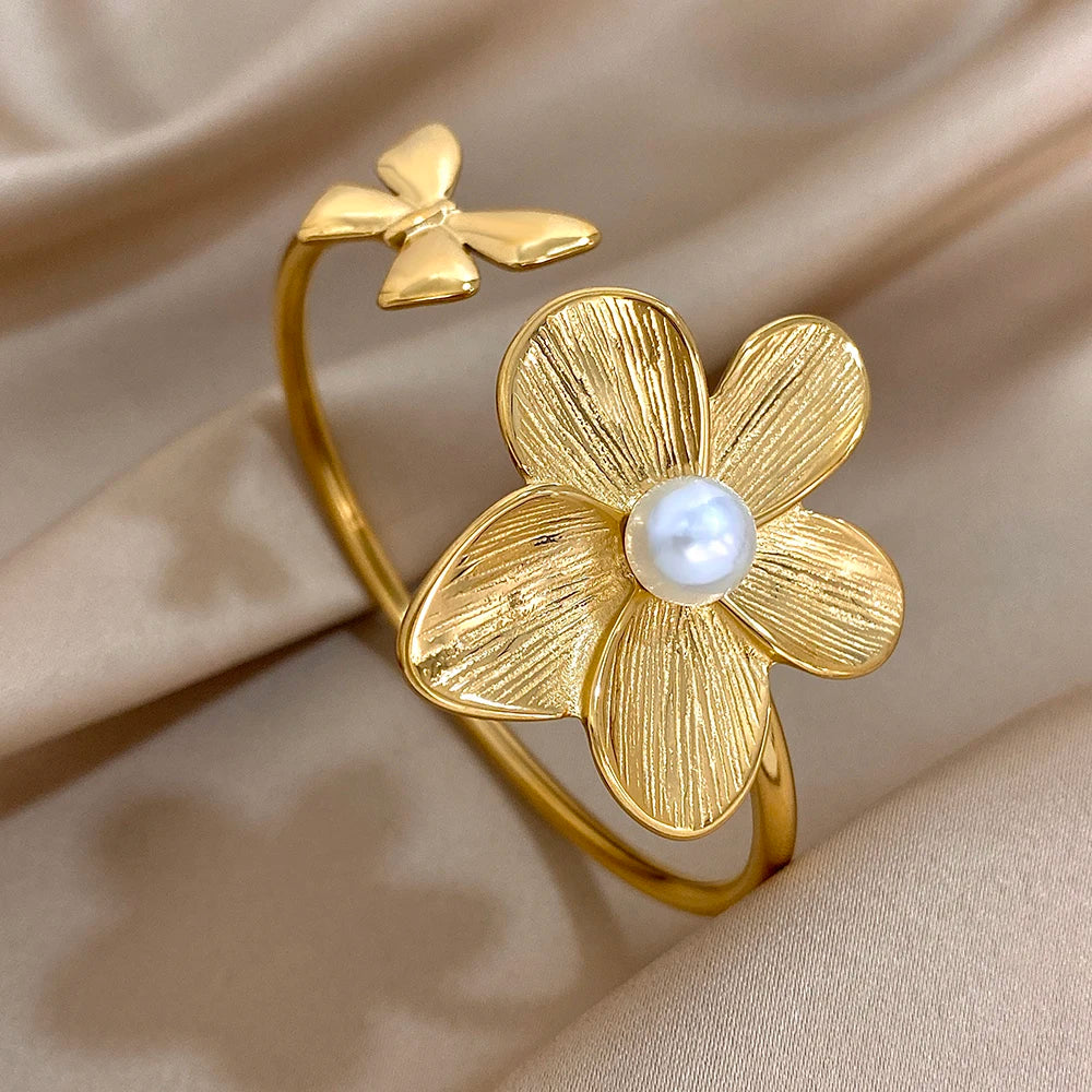 Stainless Steel Double Flower or Coastal Cuff Bracelet Bangle for Women