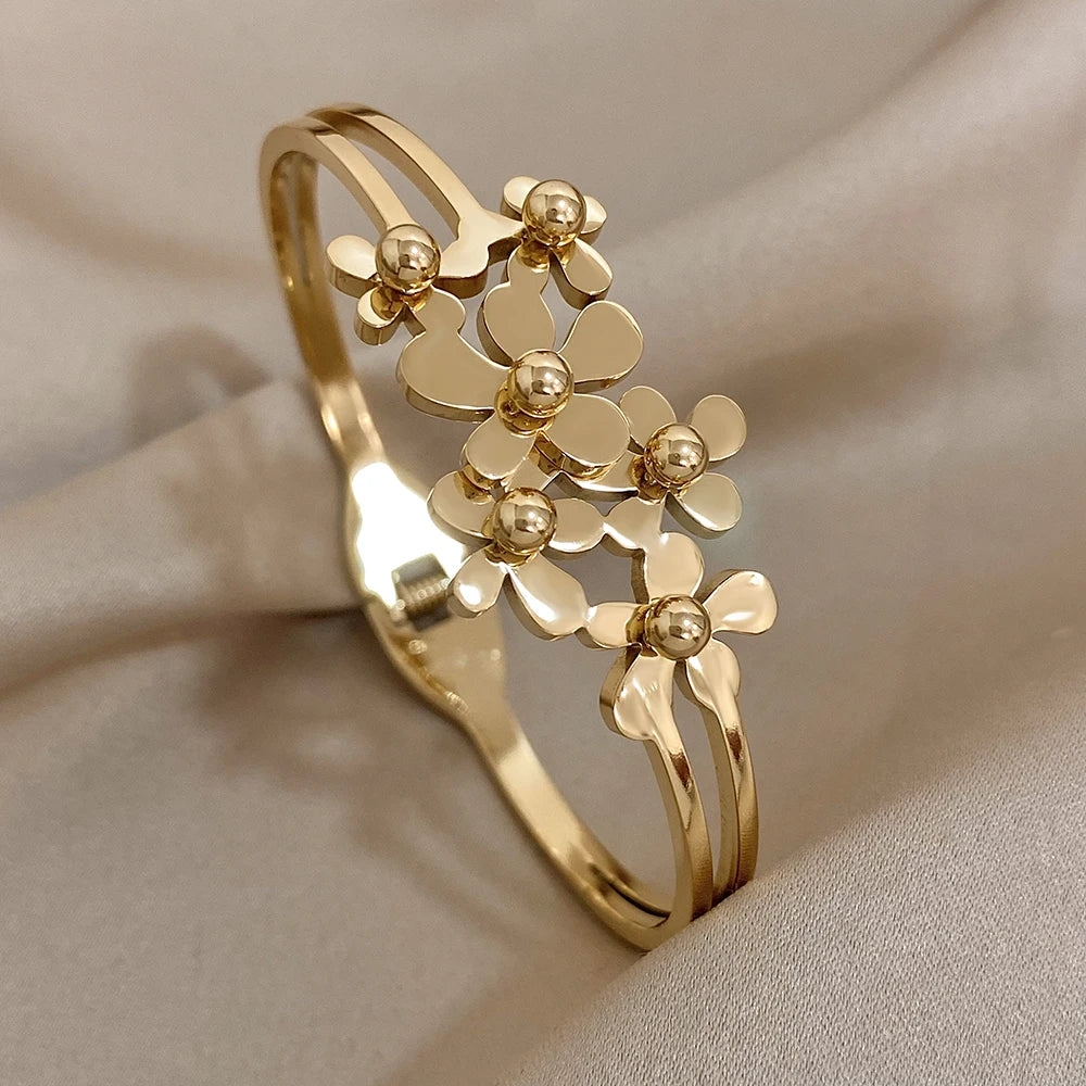 Stainless Steel Double Flower or Coastal Cuff Bracelet Bangle for Women