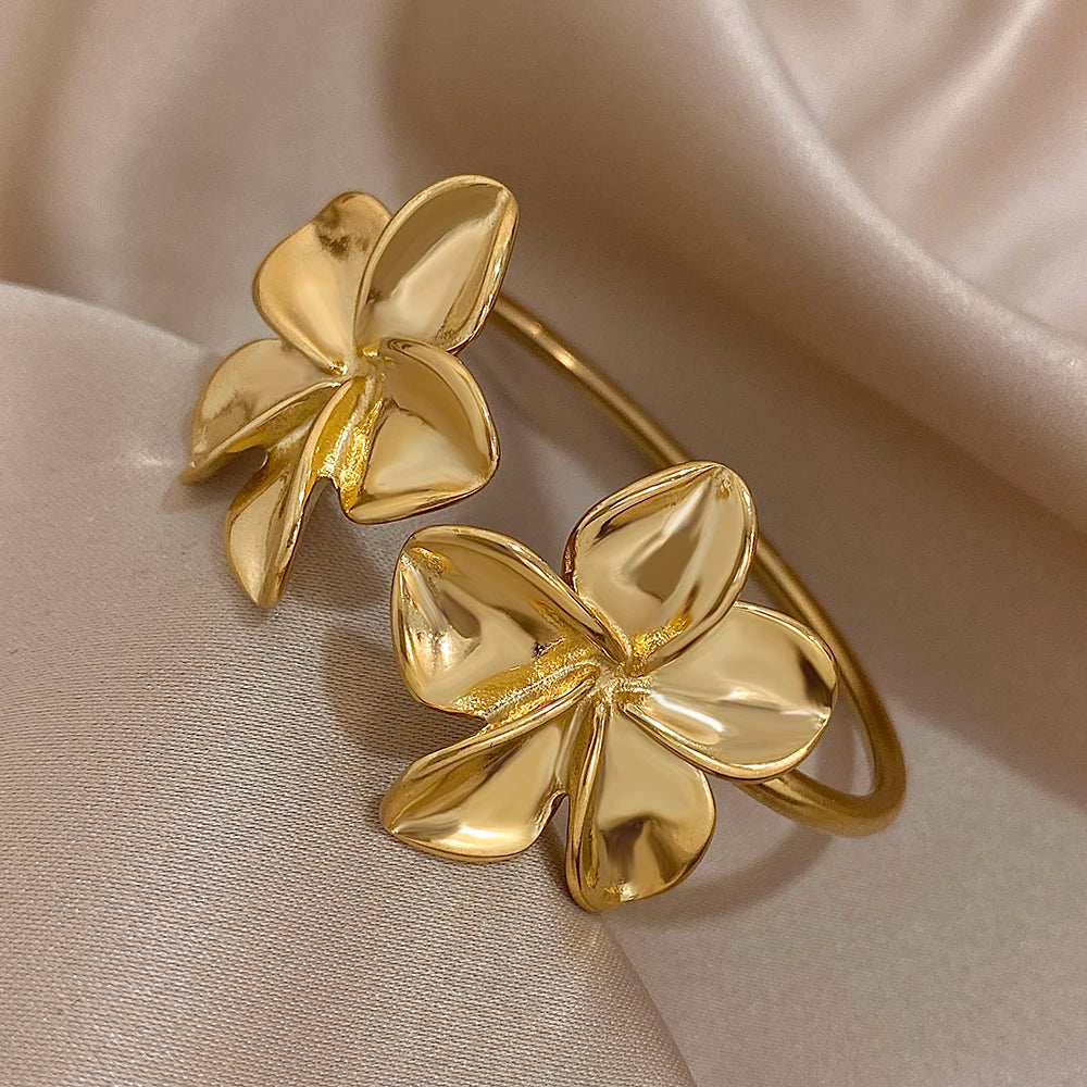 Stainless Steel Double Flower or Coastal Cuff Bracelet Bangle for Women
