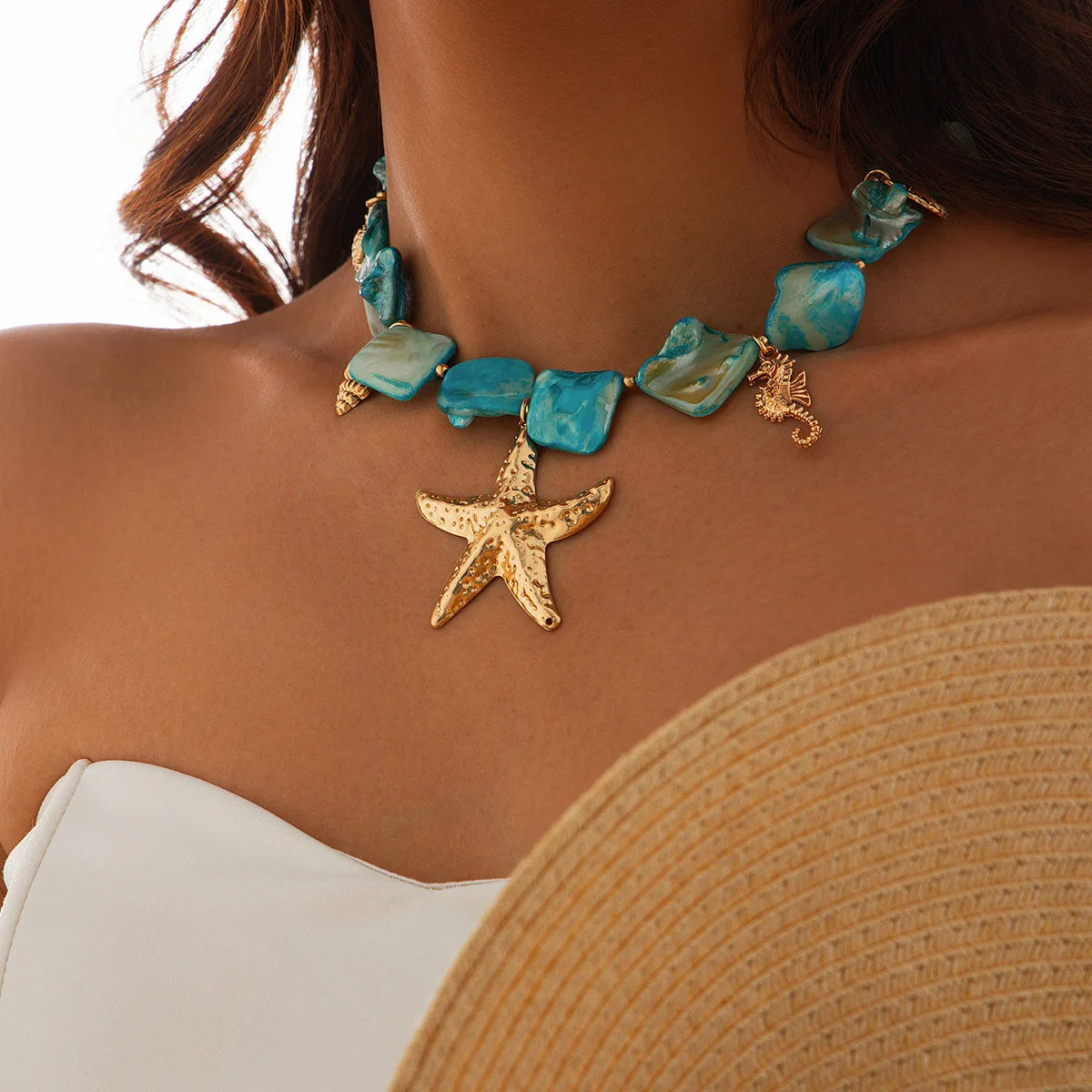 Boho Sea Turtle Sea Conch Sea Star Pendant Necklace