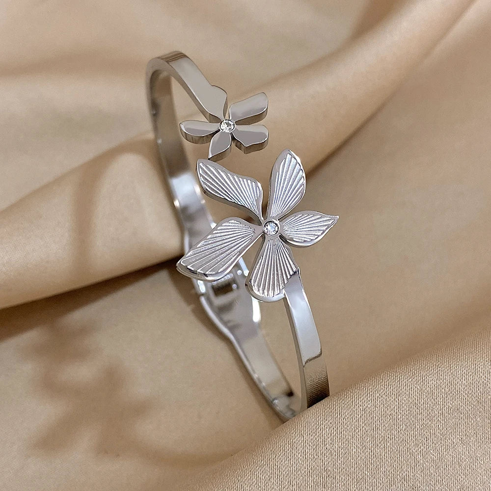 Stainless Steel Double Flower or Coastal Cuff Bracelet Bangle for Women