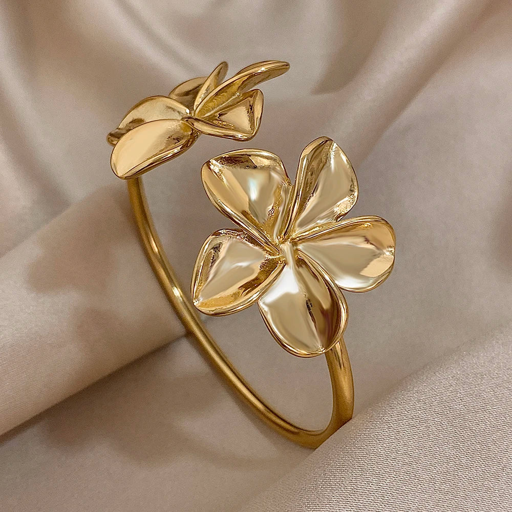 Stainless Steel Double Flower or Coastal Cuff Bracelet Bangle for Women