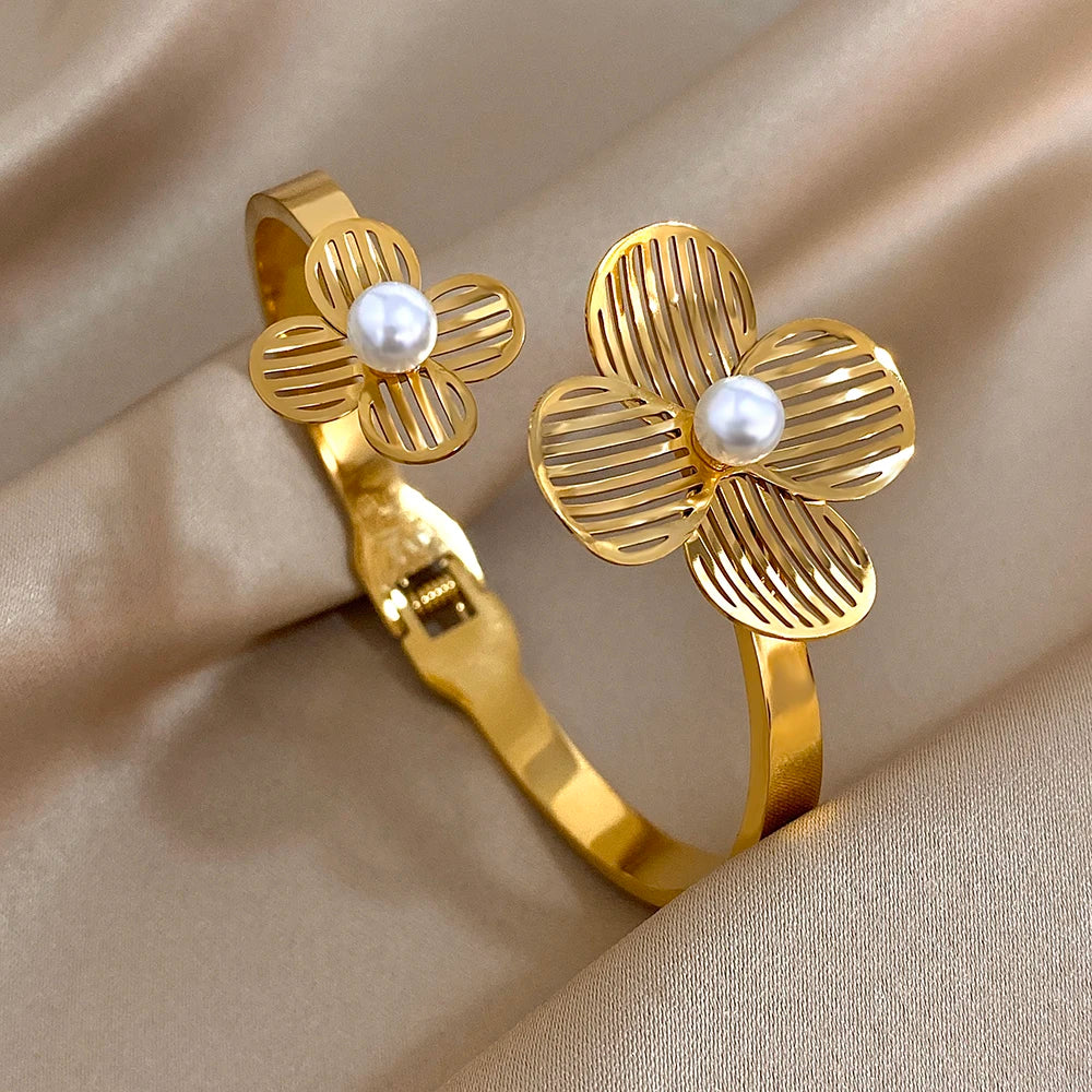 Stainless Steel Double Flower or Coastal Cuff Bracelet Bangle for Women
