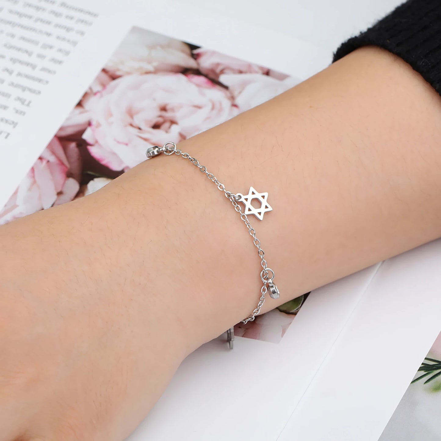 Jewish Star of David Charm Bracelet Stainless Steel Adjustable With Bezel set CZs