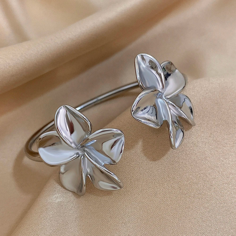 Stainless Steel Double Flower or Coastal Cuff Bracelet Bangle for Women