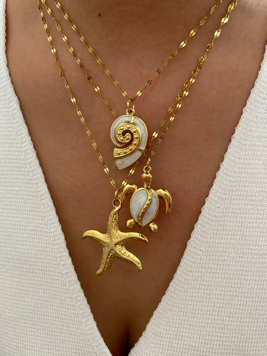 Choice of Elegant Fashion White Enamel Turtle, Conch, or 18K Gold Plated Big Starfish Pendant