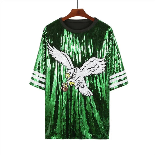 Eagles Streetwear Sequined Short Sleeve T-Shirt Round Neck Hip Hop Fashion Tops