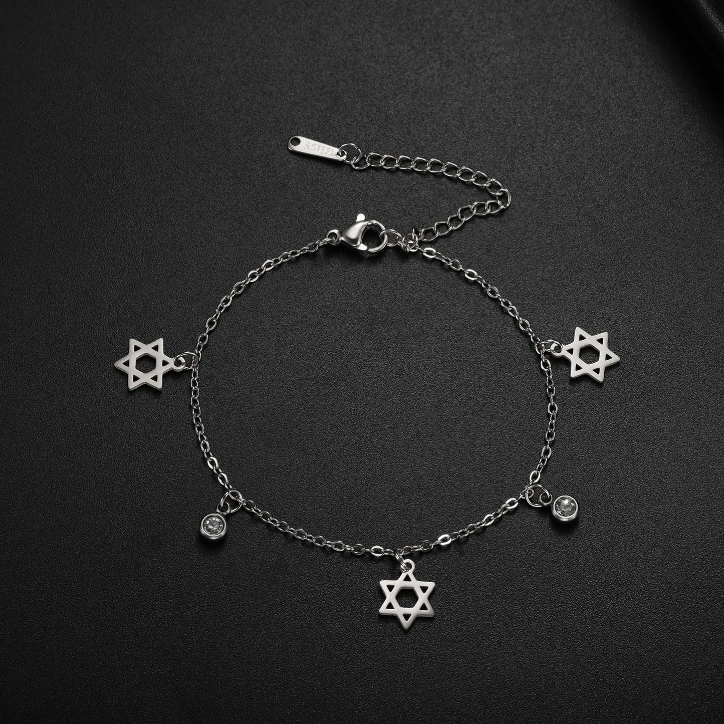 Jewish Star of David Charm Bracelet Stainless Steel Adjustable With Bezel set CZs