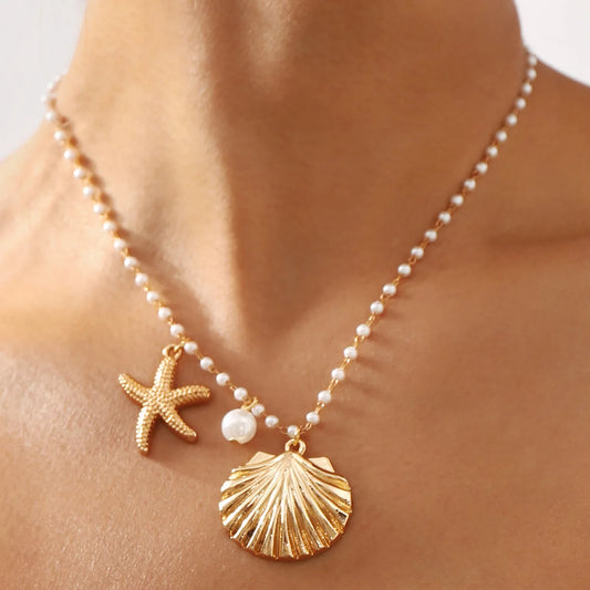 Starfish Pendant Necklace for Women Ocean Series Imitation Pearl Bohemian Shell Necklace